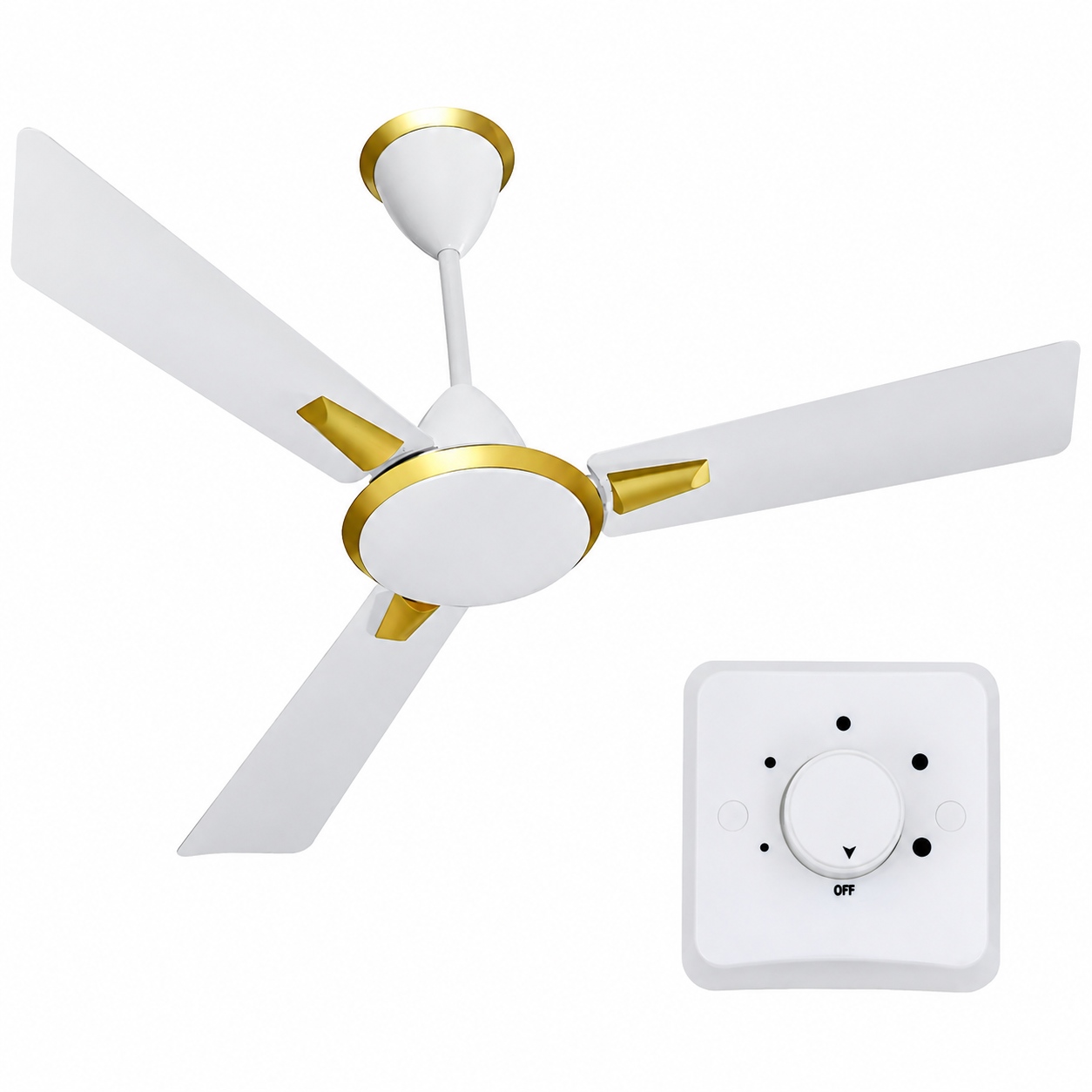 3-Blade Ceiling Fan with Wall Regulator - White & Gold